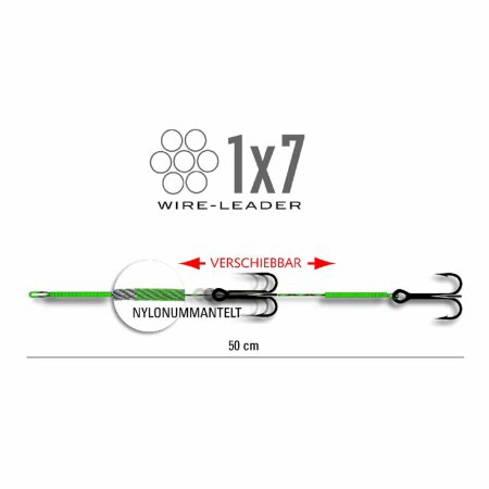 Jenzi - 2 Triple-Hooks on 1x7 Wire Leader 50cm - Size 4 - 9kg