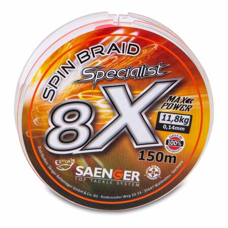 Sänger - 8 X Specialist Spin Braid Fluo Orange 150m - 0,18mm/15,9kg