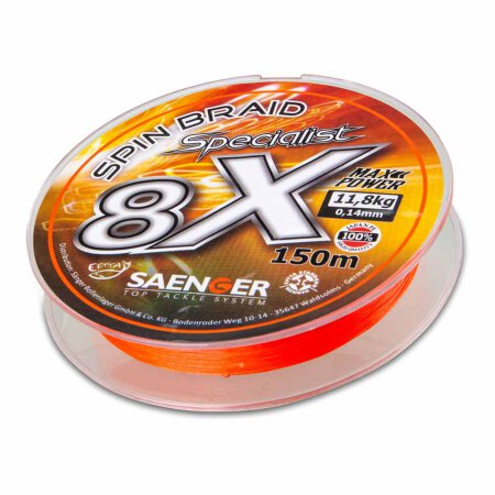 Sänger - 8 X Specialist Spin Braid Fluo Orange 150m - 0,21mm/17,6kg